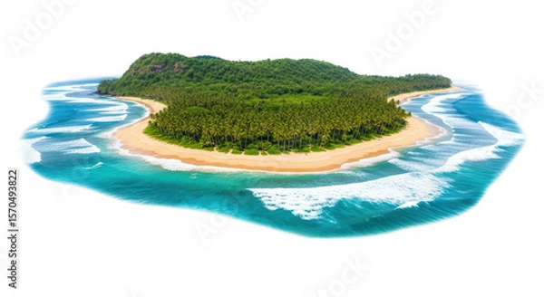 Fototapeta Lush tropical island featuring a pristine sandy beach, dense palm tree forest, and vibrant turquoise ocean waves breaking on the shore. Ideal for travel, vacation, or nature themes.