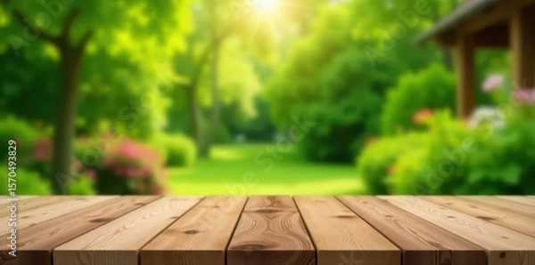 Fototapeta Empty wooden table, blurred garden view, soft focus , image, blank