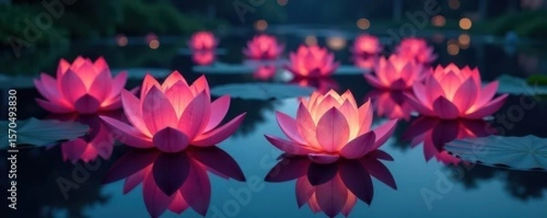 Fototapeta Floating lotus lanterns illuminate calm water, reflections visible; copy space , buddhist, meditation, nature