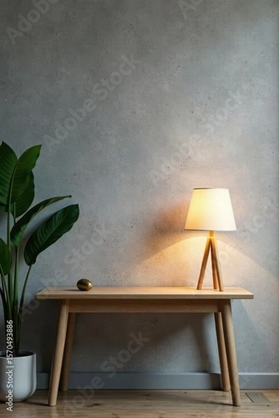 Fototapeta Gray textured background, simple wooden furniture arrangement Lamp illuminates table , shadow, rustic