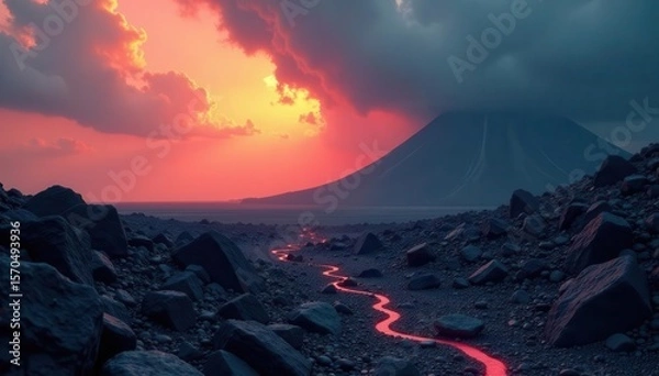 Fototapeta Jagged rocks, volcanic ash; ashen sky, ominous clouds , hellfire, desert, ominous
