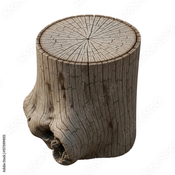 Fototapeta A weathered tree stump showcasing natural wood grain, cracks, and the distinct pattern of tree rings on its cut surface. Ideal for rustic designs or nature themed projects.