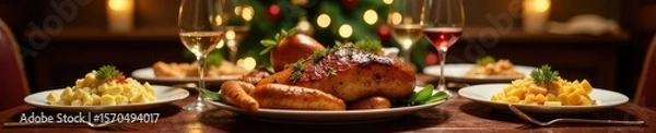Fototapeta Modern Christmas feast, wide angle shot of lavish dining setting, warmth, style