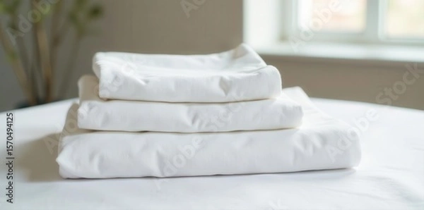 Fototapeta Perfectly folded, pristine white sheets, blurred laundry backdrop, bedding set, bedding, crisp