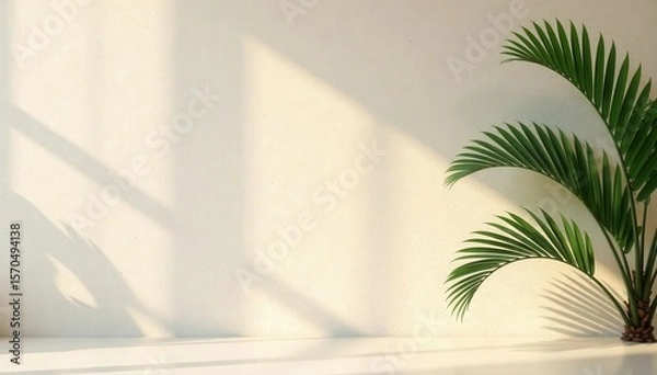Fototapeta Palm shadow on textured plaster wall, minimal summer aesthetic product display , beige, platform, studio
