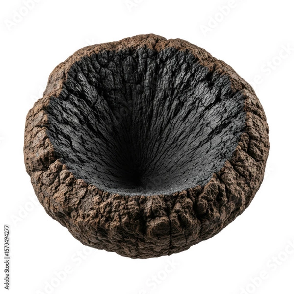 Fototapeta A rough, textured, earthy crater with a deep, dark funnel shaped void in the center, resembling a geological formation or abstract hole.