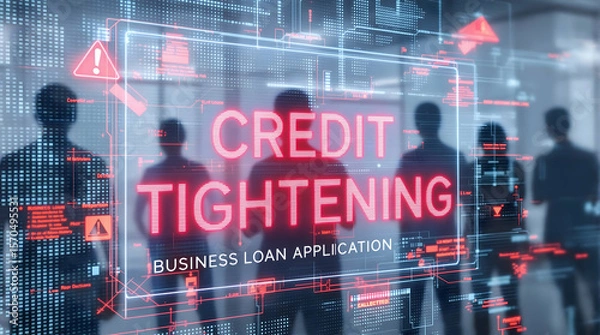 Obraz Credit tightening displayed in a futuristic interface over blurred figures