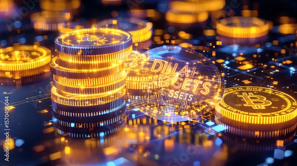 Obraz Crypto coins stacked, glowing, showcasing digital assets against circuit board background, for finance concepts