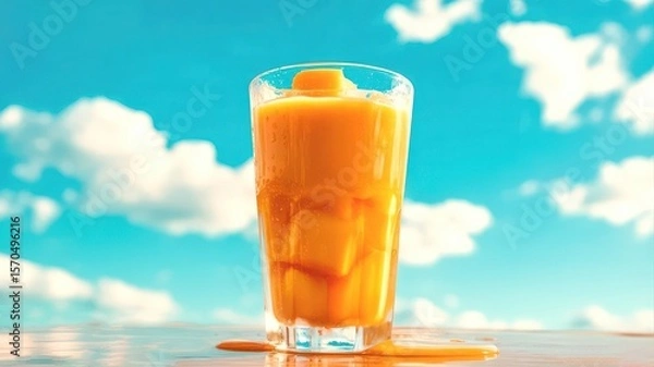 Fototapeta Fresh Mango Juice in Glass Against Blue Sky With Clouds