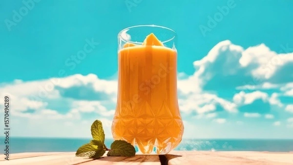 Fototapeta Fresh Mango Juice in Glass Against Blue Sky With Clouds