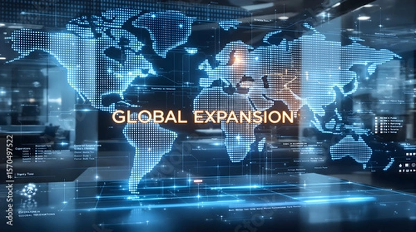 Obraz Digital display with text "global expansion" overlaying a futuristic world map in an office setting, used for business