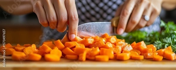 Fototapeta Asian housewife slicing carrots in preparation for a healthy dinner salad in the kitchen, Generative AI