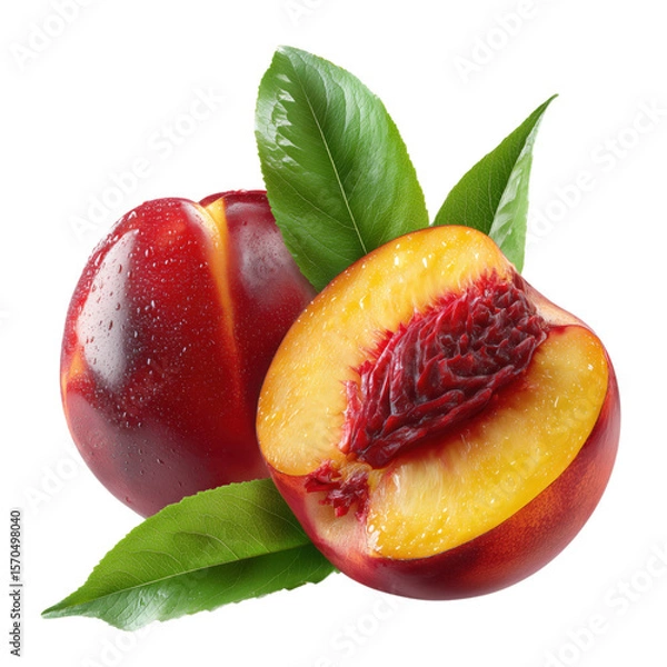 Obraz Fresh ripe nectarines with green leaves isolated on a white background ideal for healthy lifestyle concepts.