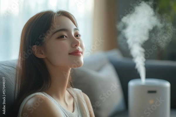Fototapeta Air humidifier device concept: Woman relaxing at home during work hours, enjoying the benefits of air hydration, Generative AI
