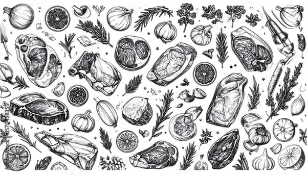 Obraz Hand drawn illustration of various food items