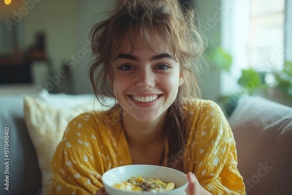 Fototapeta Happy young woman smiling joyfully, enjoying a delicious meal on the sofa at home, expressing satisfaction with the food, Generative AI