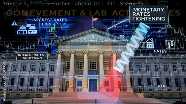 Obraz Governmental building with market chart overlay, red arrow down, illustrating interest rates tightening