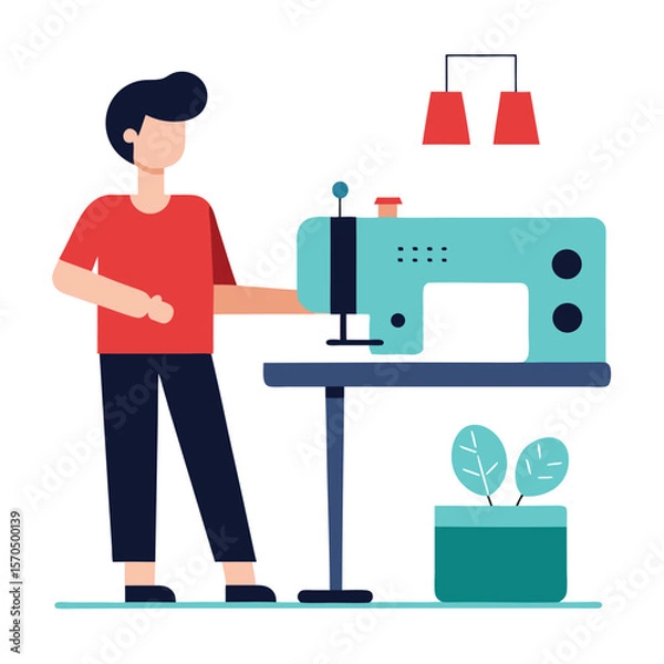 Fototapeta Small Business Owner Setting Up Embroidery Machine At Home