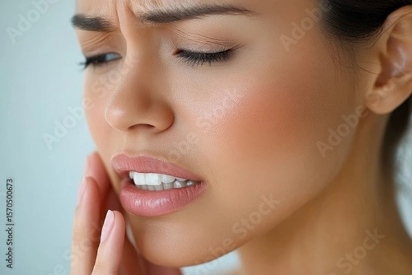 Fototapeta Face expression of discomfort: Asian woman touching her cheek, suffering from sensitive teeth, Generative AI