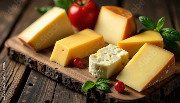 Obraz Assortment of cheeses on rustic wood Copy space , delicious food, background