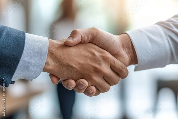 Fototapeta Group of successful businesspeople meeting. Client and suppliers shaking hands after completing the agreement deal, Generative AI