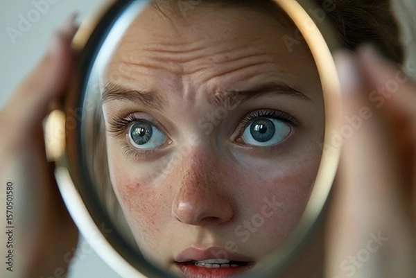 Fototapeta Female experiencing face skin problems due to a cosmetic allergy, examining her condition in the mirror, Generative AI