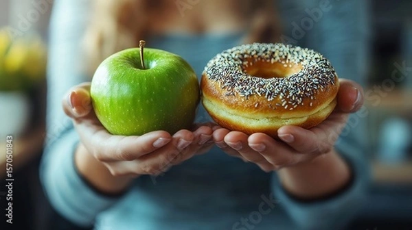 Fototapeta Woman on a health-focused diet, pushing aside her favorite donut and opting for green apple and vegetables instead, Generative AI
