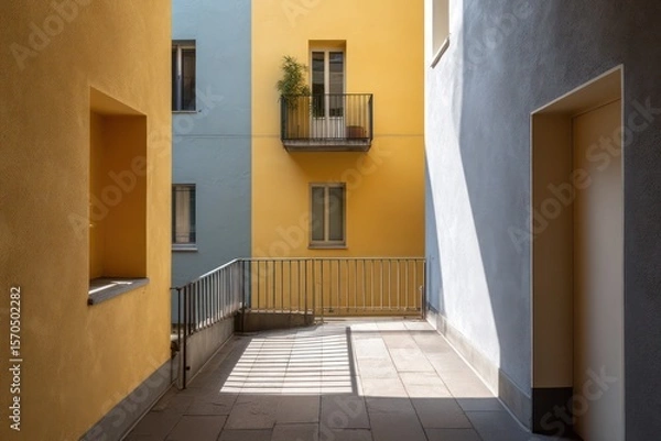 Obraz Side alley view of urban duplex fa??A section ade low sun casting sharp parallel shadows pastel yellow dove gray walls