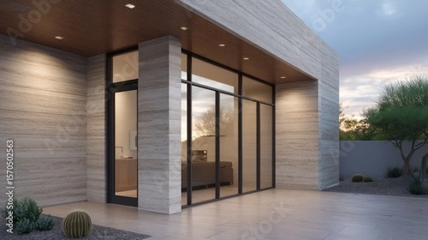 Obraz Simple duplex smooth travertine stone black trim twilight sky gradient reflecting on upper glazing fine shadow detail clean