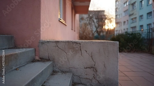 Obraz Slab-style urban duplex with muted pink plaster raw cement edges captured at golden hour with warm diffuse light