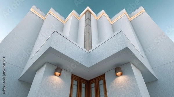 Obraz Sleek white minimalist art deco tower with geometric fins top-down lighting with subtle rim glow teal ivory gradient