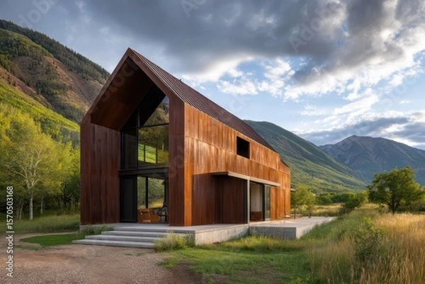 Obraz Slim-profile barn home clad in oxidized weathering steel golden backlighting with reflective sheen moody cloud shadows realistic depth