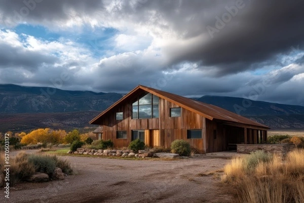 Obraz Slim-profile barn home clad in oxidized weathering steel golden backlighting with reflective sheen moody cloud shadows realistic depth
