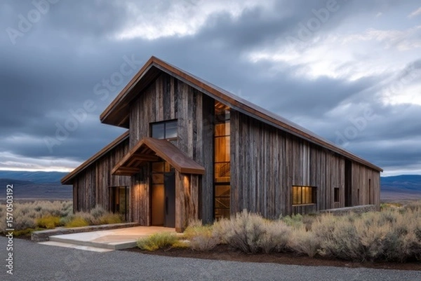 Obraz Slim-profile barn home clad in oxidized weathering steel golden backlighting with reflective sheen moody cloud shadows realistic depth