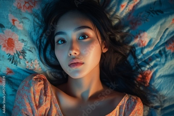 Fototapeta Asian woman  on the bed with open eyes, dealing with insomnia and struggling to fall asleep, Generative AI