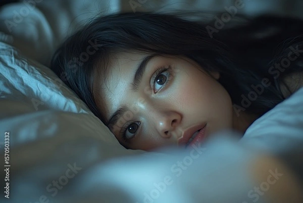 Fototapeta Asian woman  on the bed with open eyes, dealing with insomnia and struggling to fall asleep, Generative AI