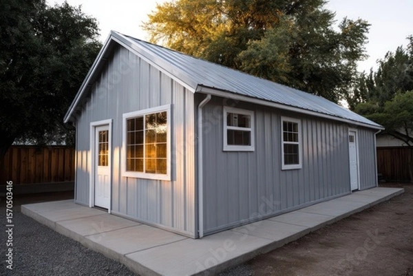 Obraz Small barn house with pitched roof metal siding late evening light from side window creating warm internal glow