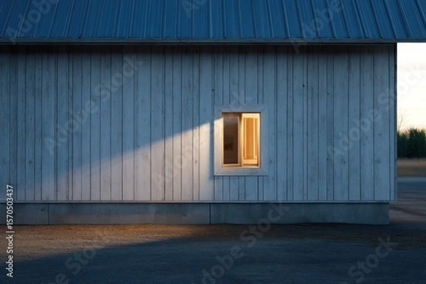 Obraz Small barn house with pitched roof metal siding late evening light from side window creating warm internal glow