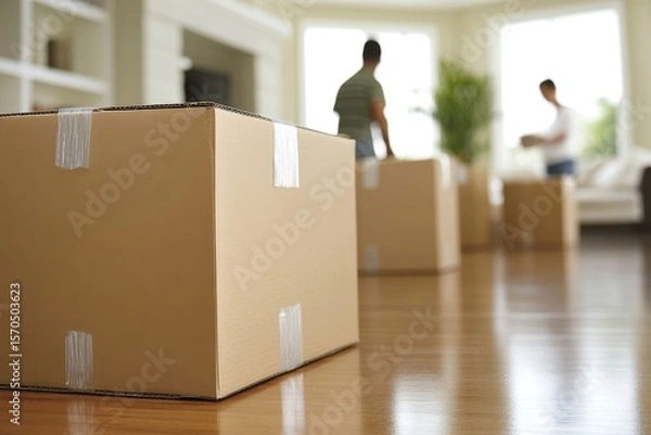 Fototapeta Two people packing belongings into cardboard boxes as part of the process of relocating to a new apartment, Generative AI