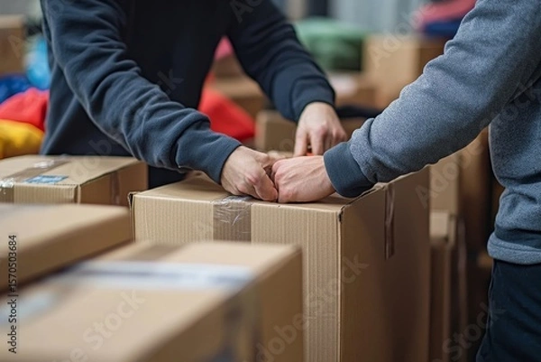 Fototapeta Two people packing belongings into cardboard boxes as part of the process of relocating to a new apartment, Generative AI