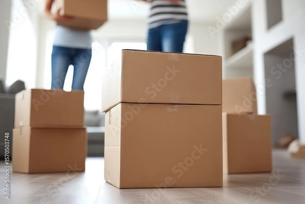 Fototapeta Two people packing belongings into cardboard boxes as part of the process of relocating to a new apartment, Generative AI