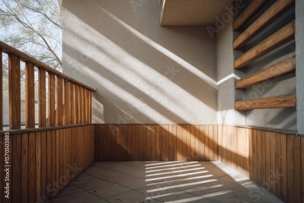 Obraz Split-level duplex fronted by slatted wooden fencing top-down directional light creating patterned shadows earthy muted palette sharp corner