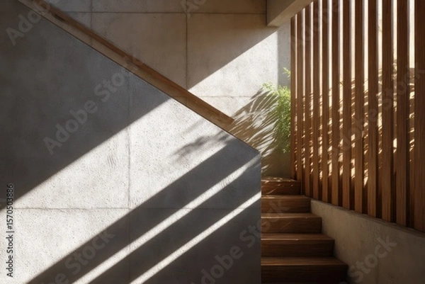 Obraz Split-level duplex fronted by slatted wooden fencing top-down directional light creating patterned shadows earthy muted palette sharp corner