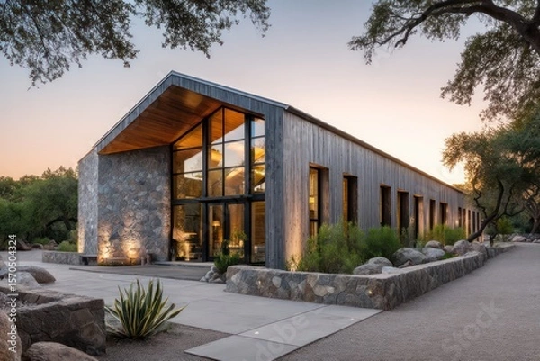 Obraz Steel-wrapped barn house with modern detailing sunset glow hitting front fa??A section ade casting orange reflections sharp textures on gravel