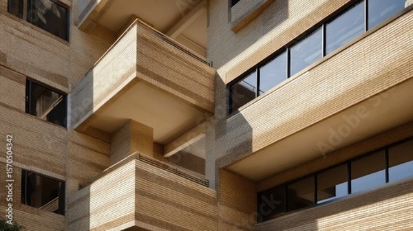 Obraz Stepped corporate building with earth-toned brick deep-set balconies strong daylight casting tiered shadows reflection on window trims under