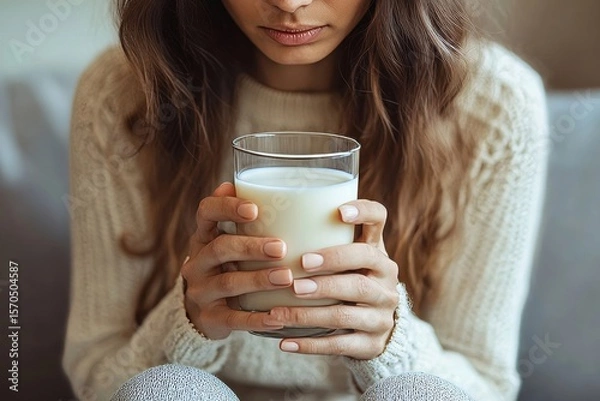 Fototapeta Lactose intolerance concept: Woman experiencing a stomachache after drinking milk, highlighting digestive sensitivity, Generative AI