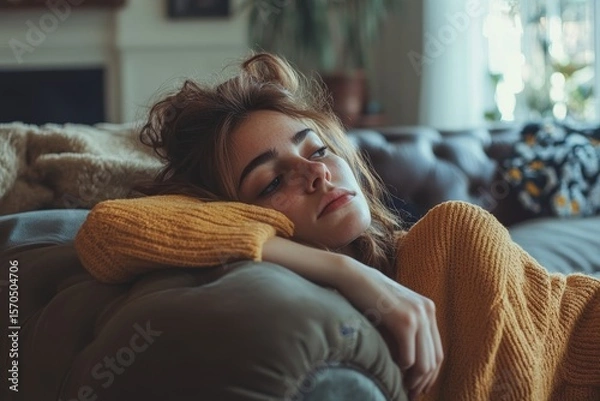 Fototapeta Stressed female feeling lonely and depressed on the sofa at home, dealing with mental health struggles, Generative AI