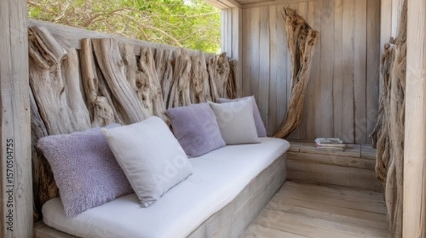 Obraz Sun-shaded outdoor reading nook with driftwood walls woolen cushions crisp natural light with fabric grain detail textural wood