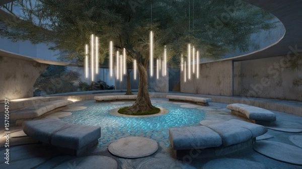 Obraz Stone meditation circle under a living tree canopy with glowing ground tiles twilight blue lighting volumetric light shafts
