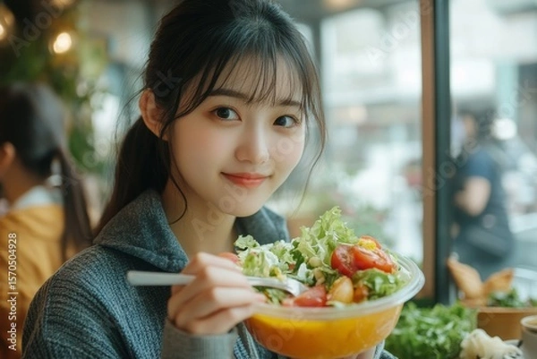 Fototapeta Asian females eating salad for breakfast, promoting good health and a balanced diet, Generative AI